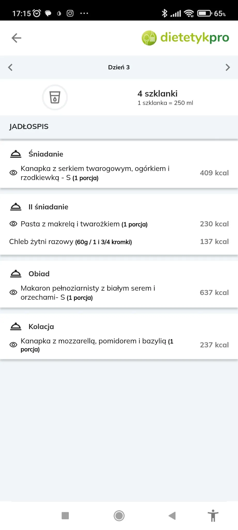 Przykładowy jadłospis w aplikacji